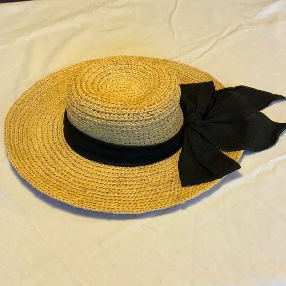 Raffia Sun Hat - Hand Crocheted with Black Cotton Back Bow - Picture 3 of 10